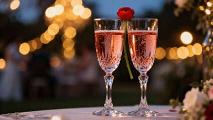 Romantic Toast with Ros&eacute; Champagne and Flower
