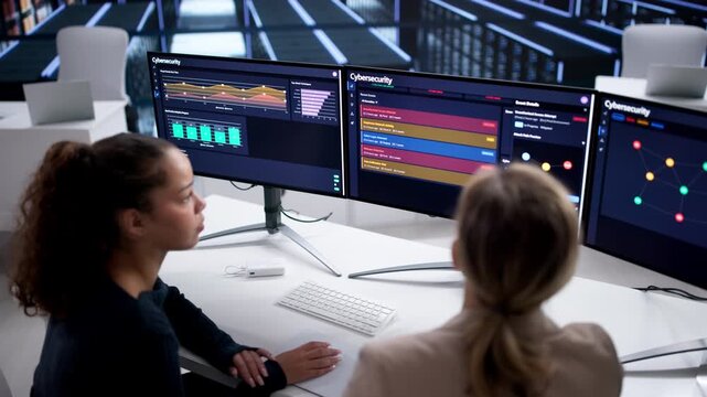 Female Security Experts Using Cybersecurity Monitor Dashboard