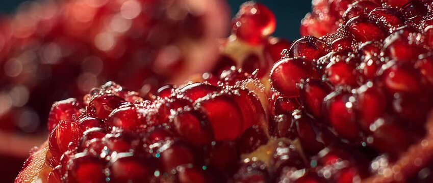 Macro Close-up of Fresh Halved Pomegranate with Juicy Red Glistening Seeds on Dark Background