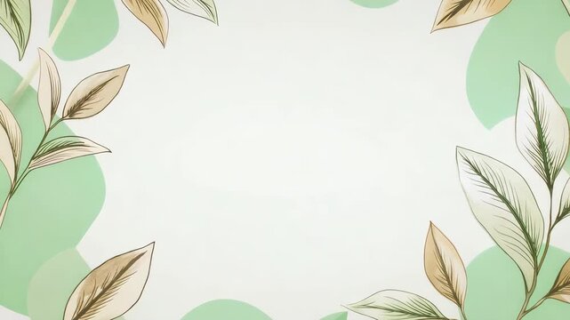 Elegant botanical frame with delicate leaf illustrations and soft pastel green abstract shapes creating a serene and natural background for text and design elements perfect for wellness beauty and
