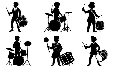 Silhouettes of drummers in action playing various drums and cymbals with drumsticks