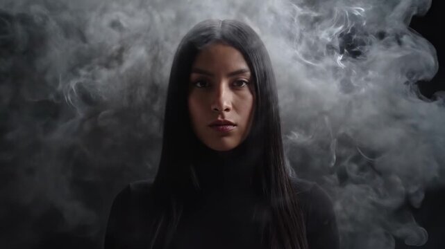 Metaphorical concept of burnout and stress relief as a woman's calm face emerges from an exploding cloud of smoke, representing information overload, mental chaos, and clearing her mind