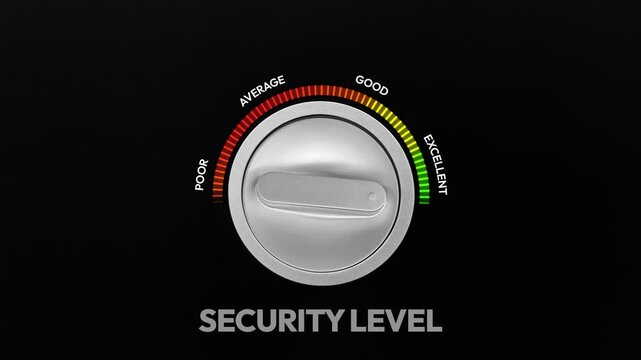 4k animation of a security knob showing high security levels with a bar turning green representing safety and protection
