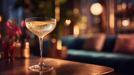 A champagne cocktail sits on a table in a dimly lit restaurant lounge