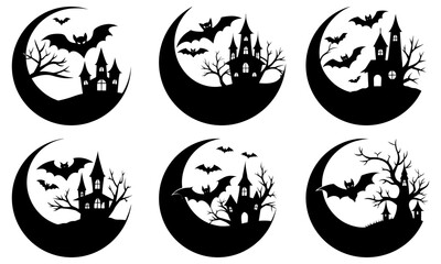 Haunted castles and bats silhouetted against the moon in a spooky Halloween scene with crescent moons and bare trees