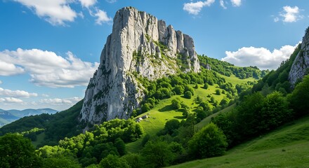 tall gray rock formation on green hillside with trees under blue sky with white clouds rock formation