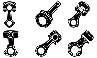 Engine components including pistons and connecting rods arranged in a scattered layout on a plain background from a direct viewpoint
