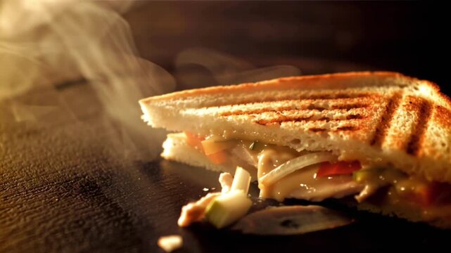 cinematic food video, grilled triangular sandwich floating mid-air, golden toasted bread clear grill marks, layers of juicy grilled chicken, colorful bell peppers, lettuce, tomato, melted cheese