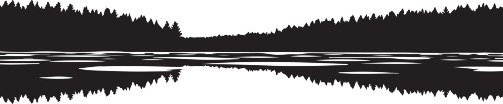 Serene lake landscape with forest silhouette at sunset calm