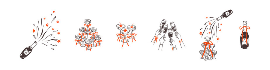 Obraz premium Set of hand drawn vintage Champagne and wine glasses, popping bottle of sparkling wine, people whine wineglasses in hands making celebration roast. French, Pasrisian, Italian restaurant alcohol drink