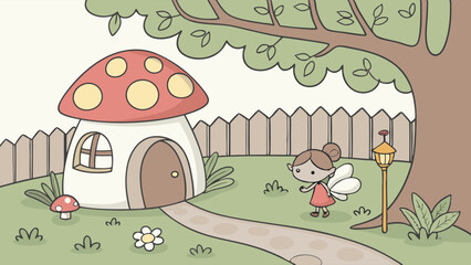 Fototapeta premium Happy Little Fairy Character Standing on a Path Outside Her Cute Toadstool House in a Magical Woodland Garden Childrens Illustration