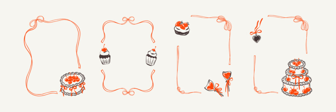 Set of hand drawn victorian style Parisian cafe, patisserie, bakery whimsical coquette frames for menu, poster, invitation design. Coquettish pink ribbon bows. Hand drawn crayon doodle illustration