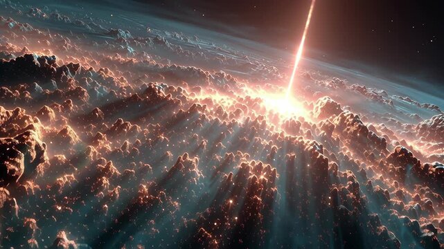 A mesmerizing depiction of a cosmic event, showcasing a radiant meteor impact over a surreal alien terrain. the image combines vibrant colors and dramatic lighting to evoke a sense of wonder and other