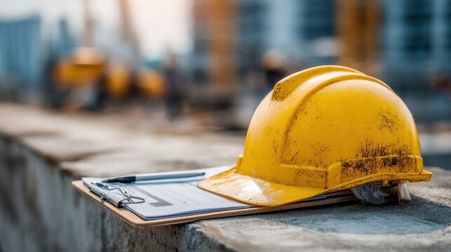 Yellow hard hat and clipboard on a concrete wall at a construction site