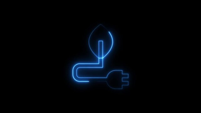 Blue Neon Light Symbol of a Leaf Connected to an Electrical Plug on Black image photo