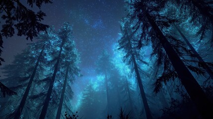 Night sky with glowing forest scene. Dark tree silhouettes under a starry sky. Dreamy, magical nature for background use.