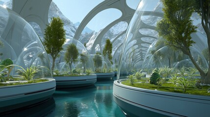 Futuristic biodome city with lush green plants and trees in glass capsules, floating on water. Concept of sustainable urban ecosystem and environmental conservation.