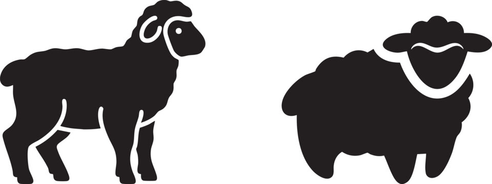 Two black sheep silhouettes, one standing, one resting, vector illustration