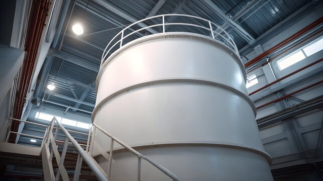 Large white industrial storage tank with access stairs and railings inside a manufacturing facility