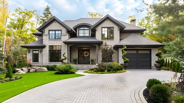 Modern luxury family home exterior with elegant design and festive holiday wreaths.