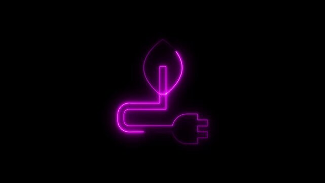 Glowing Magenta Neon Outline of Leaf Connected to Electrical Plug on Black pink purple