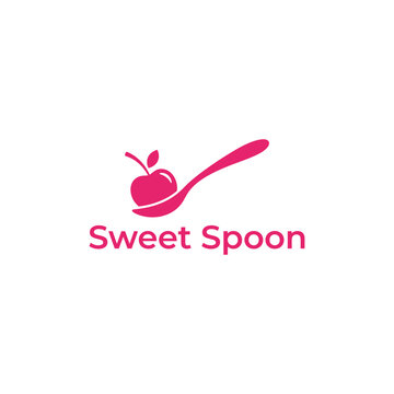 Simple cherry fruit on a spoon icon for dessert shop or culinary cafe branding identity featuring the text Sweet Spoon typography