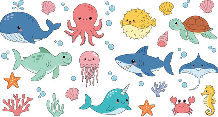 Cute marine animals cartoon vector set. Whale, octopus, shark, turtle, ray, and sea creatures. Playful underwater illustrations for kids, stickers, education, and designs.