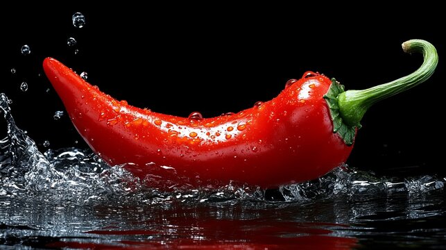 Vibrant Red Chili Pepper Plunging into Water Splash, Isolated on Black Background for Culinary Art