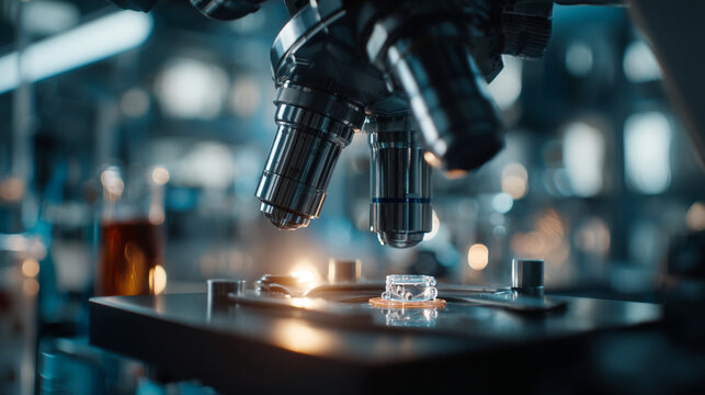 A microscope is focused on a glass slide in a laboratory setting