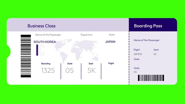 4K business class boarding pass animation from ICN South Korea to HND Japan with flight gate and seat details