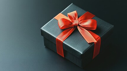 Obraz premium Elegant red gift box with ribbon bow on dark texture background, luxury valentine present expressing romantic love, festive celebration, surprise
