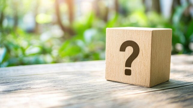 Mystery package parcel featuring wooden box, eco sustainable concept, question mark, plant inspired gift, uncertain curiosity, surprise idea