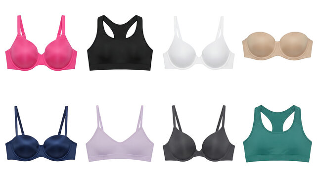 Women's bra set including sports, strapless, underwire, and bralette styles in various colors isolated. Lingerie fashion and underwear retail collection.