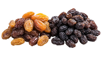 Date and raisin two piles of dried fruits side by side rich brown on transparent background