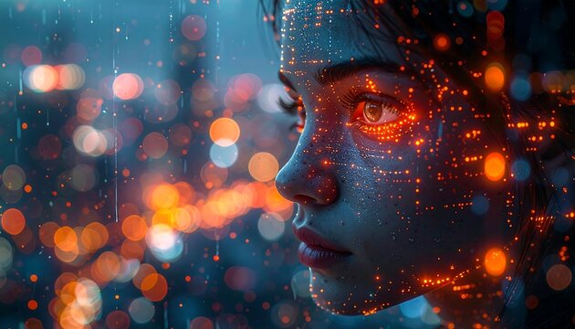 Portrait of a woman, face overlaid with digital pixels, gazing at an out-of-focus city with glowing orbs
