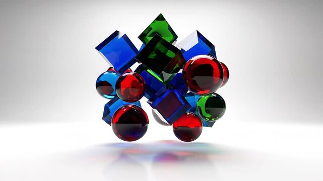 Vibrant glass cubes and spheres rotate in a complex geometric cluster isolated on a white background for digital motion design.