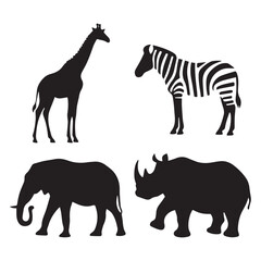 Fototapeta premium Silhouette Vector Set Featuring Giraffe Zebra Elephant and Rhino Graphics.