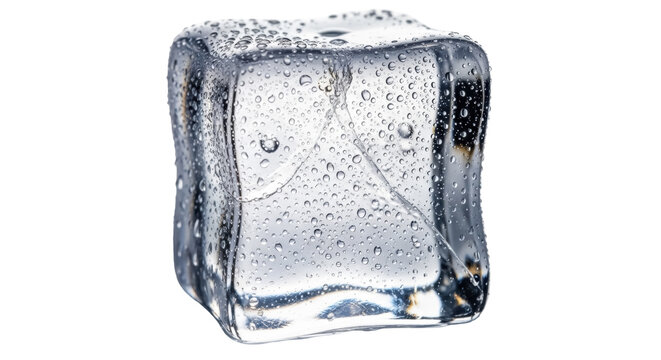 Wet ice cube PNG isolated on transparent background, clear frozen water block with water droplets for drinks and refreshment
