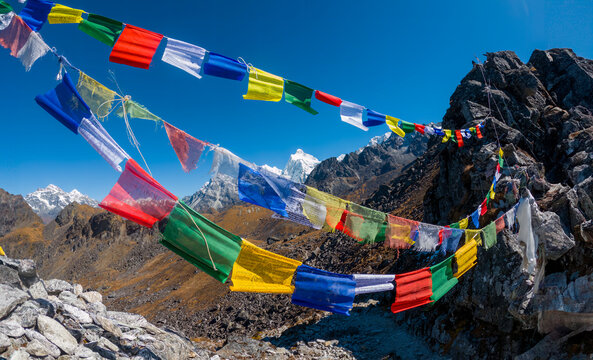 Himalayan Prayer Flags on High Mountain Pass.