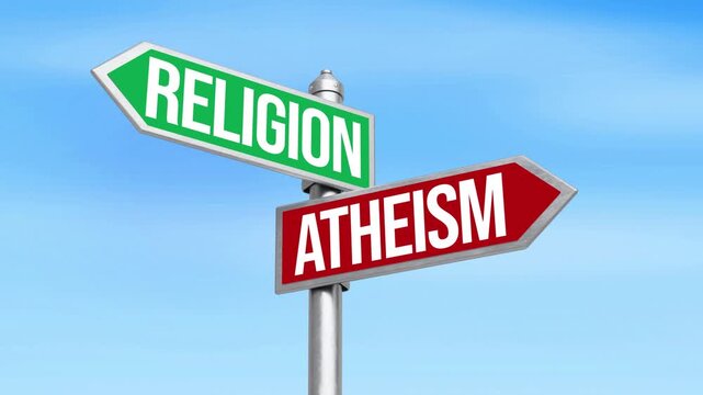 Directional signpost of religion and atheism against blue sky illustrating faith choices in 4k animation for video projects