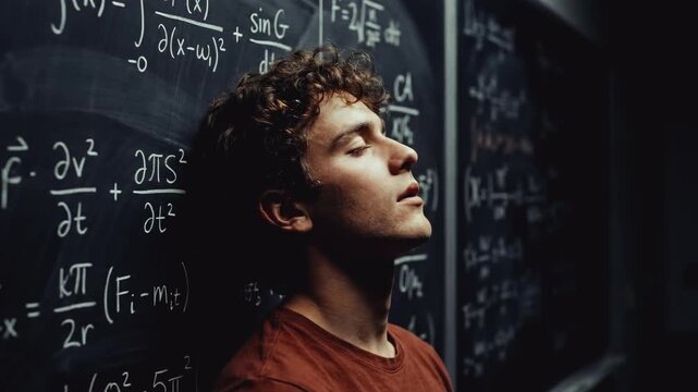 Tired student leaning against a blackboard with complex math formulas. Young man resting and then smiling with relief. Academic success and problem solving breakthrough