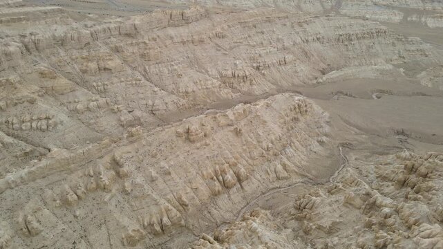 Aerial Forward Push View of Earth Forest Pinnacles and Loess Canyons, Tibet
