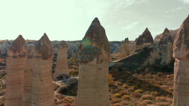 Scenic view of Love Valley in Cappadocia, Turkey, famous for its unique rock formations and fairy chimneys shaped by volcanic activity and erosion.