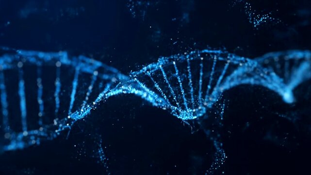 A glowing blue DNA double helix structure.