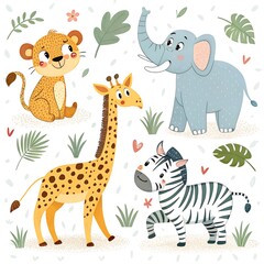Naklejka premium Cute Safari Animals Cartoon Illustration for Children