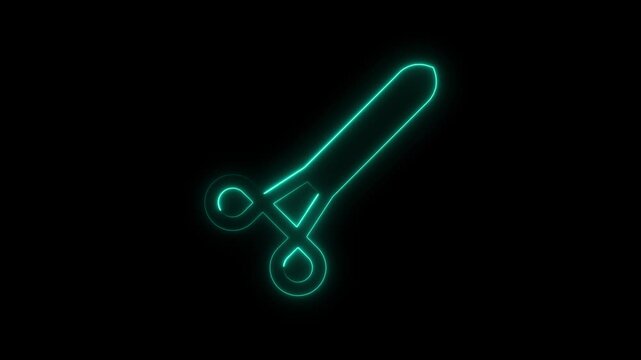 Cyan Neon Outline of Scissors on a Black Background icon