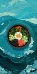 Colorful Bowl of Fresh Ingredients in Ocean Waves