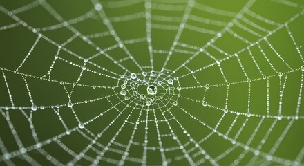 Obraz premium spider web with dew drops close-up on green background