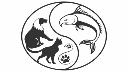 Naklejka premium Yin Yang Symbol with Dog Cat and Fish Silhouette for Veterinary Clinic Logo Design or Pet Shop Branding Vector Illustration