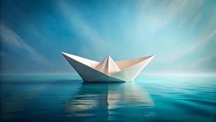 Obraz premium Paper boat floating in the air on light blue background